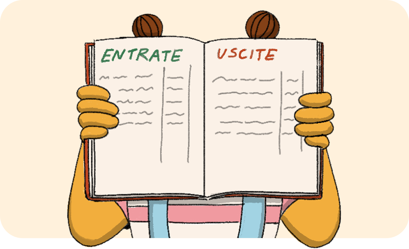 Figura con semplice foglio a due colonne, entrate, uscite, totale entrate e uscite. Sotto una bilancia stilizzata. Didascalia: 'Qui trovate qualche esempio di voci che possono entrare nel budget'