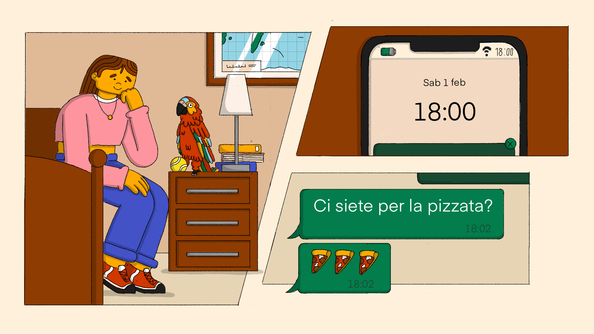 Rosy (in posa tipo il pensatore di Rodin) e Jack (con la pallina del tempo in mano tipo Amleto col teschio) sono in cameretta