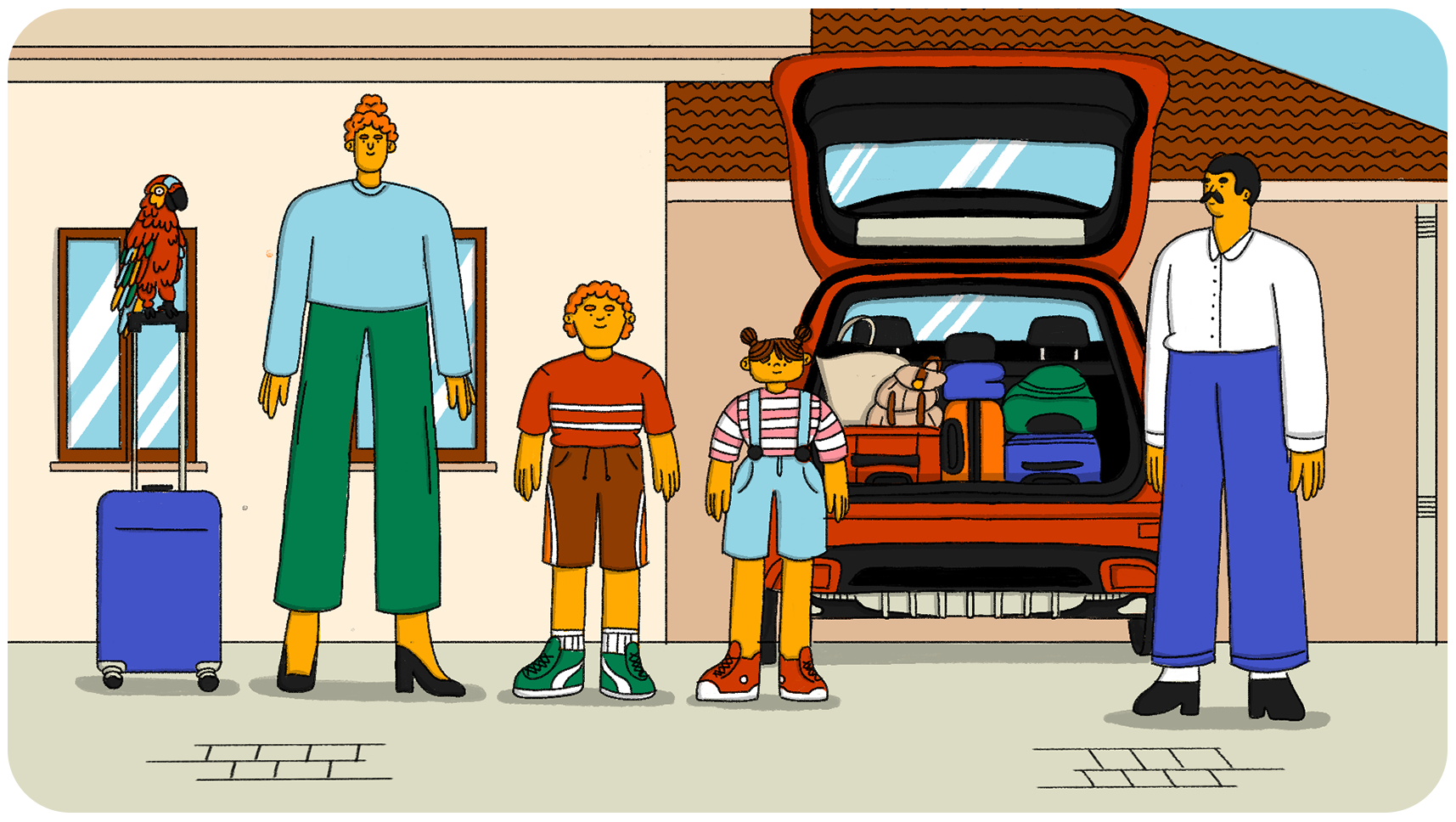 Rosy, Jack, mamma, papà e fratello stanno per partire per le vacanze, sono fuori dall’auto stra-carica.