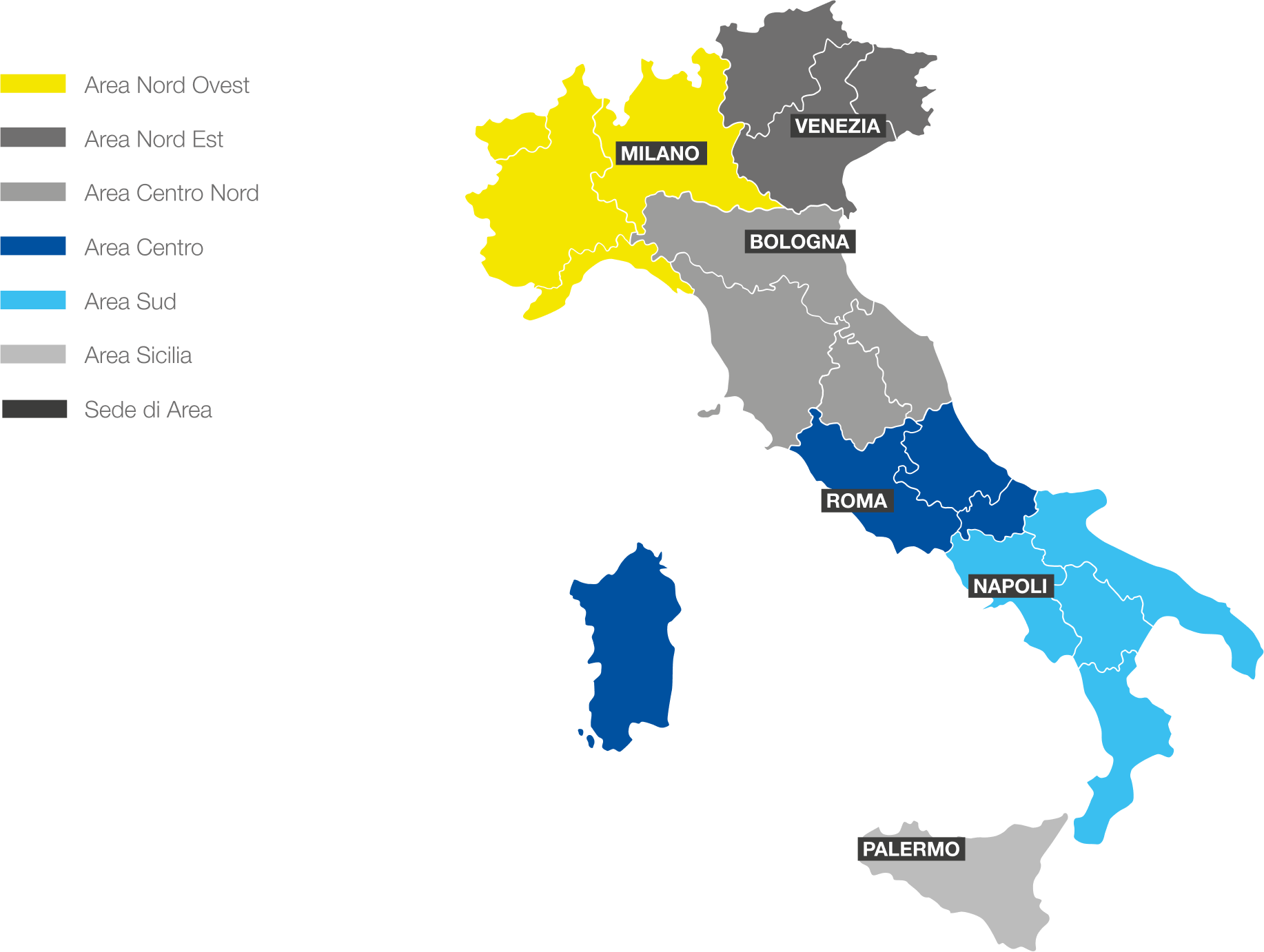 Macro aree Mercato Privati: Area Nord Ovest, Area Nord Est, AreaCentro Nord, Area Centro, Area Sud, Area Sicilia