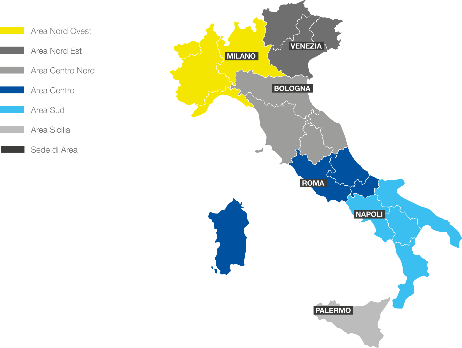 La Rete Logistica: Area Nord Ovest, Area Nord Est, AreaCentro Nord, Area Centro, Area Sud, Area Sicilia