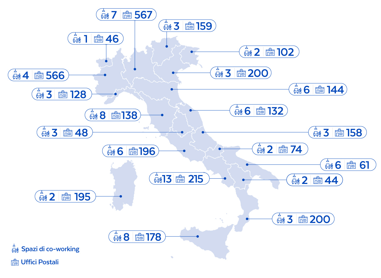 Mappa degli Uffici Postali realizzati in ogni regione d'Italia con il Progetto Polis