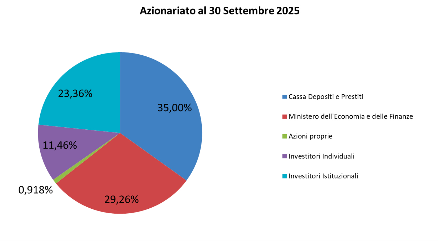 Profilo azionariato: Cassa Depositi e prestiti 35%, MEF 29,26%, azioni proprie 0,918%, Investittori individuali 11,46%, Investitori istituzionali 23,35% proprie 